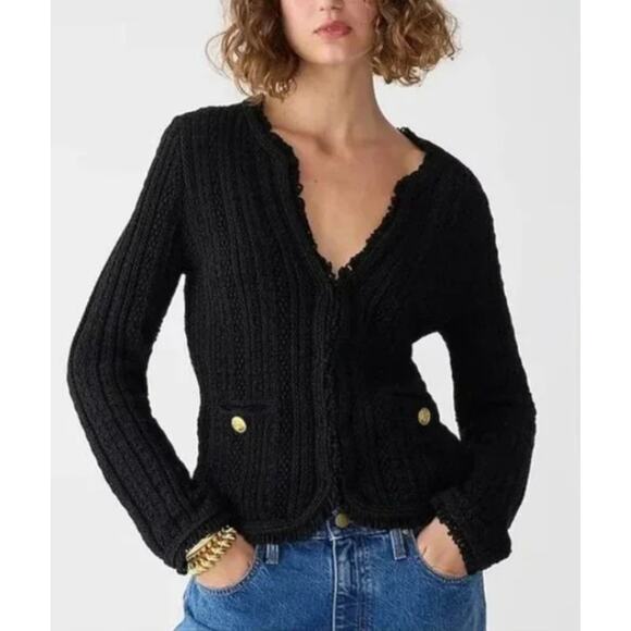 J.Crew SZ M Textured Cable-Knit Lady Jacket With Fringe In Black NWOT $198 - Picture 1 of 5